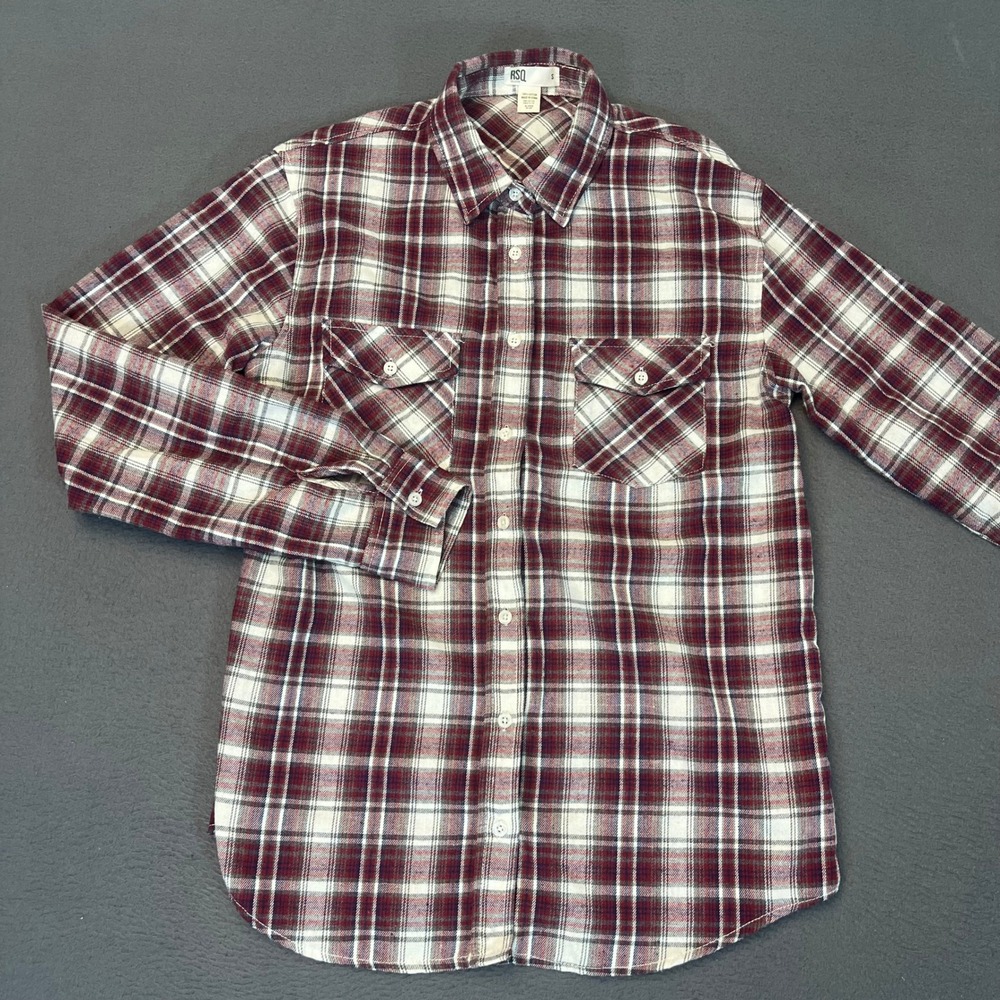RSQ Collective Mens Small Maroon White Plaid Flannel Button Down Shirt Cotton